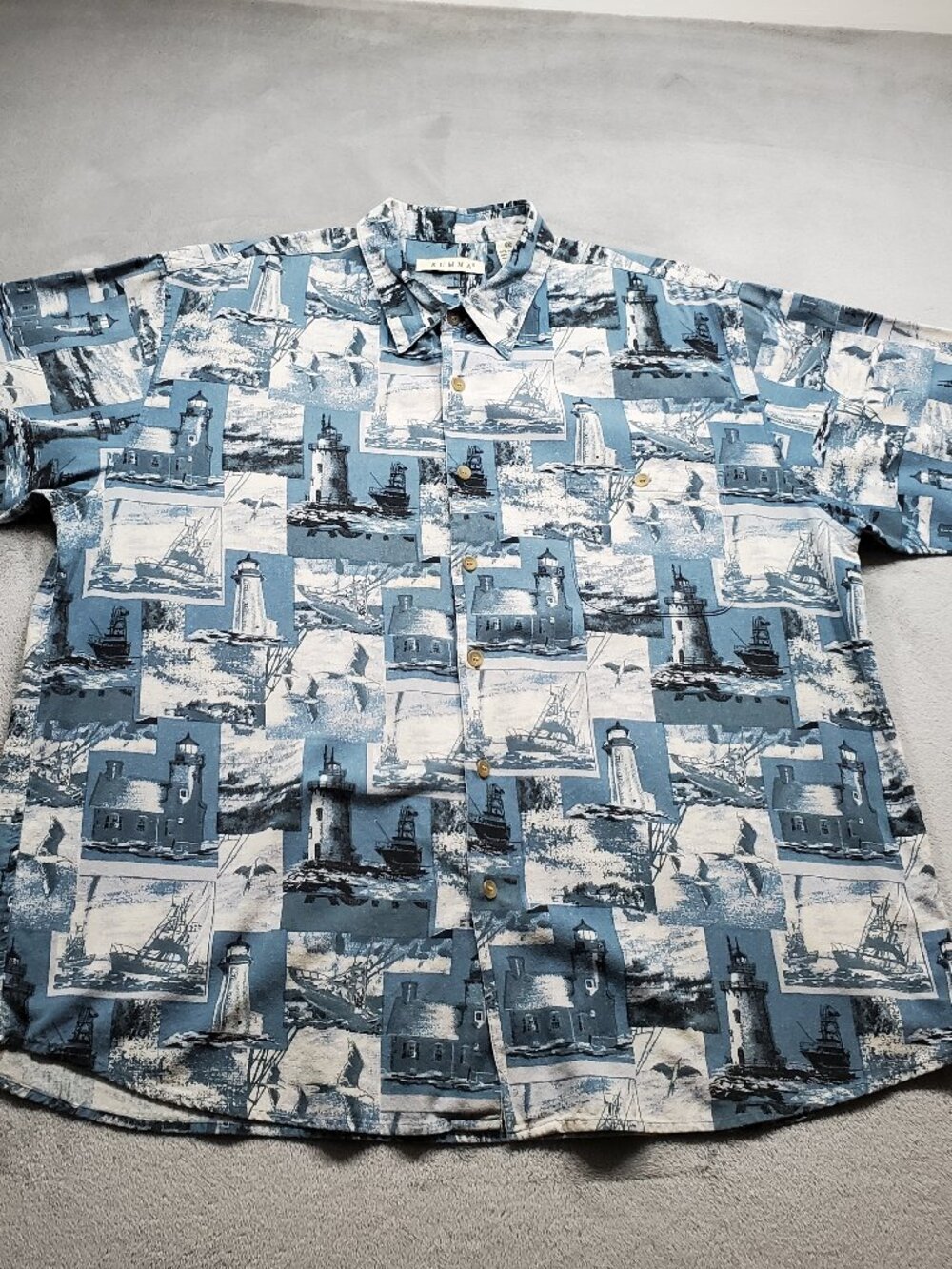 Summa Button Up Short Sleeve 80% Silk Nautical Theme Blue Off White Print Men S